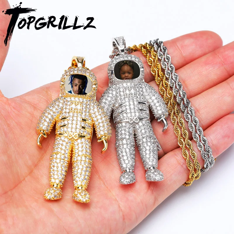 TOPGRILLZ изготовление под заказ фото астронавты ожерелье и кулон с теннисная Цепочка Золото Серебро Цвет кубический циркониевый мужские хип хоп ювелирные изделия