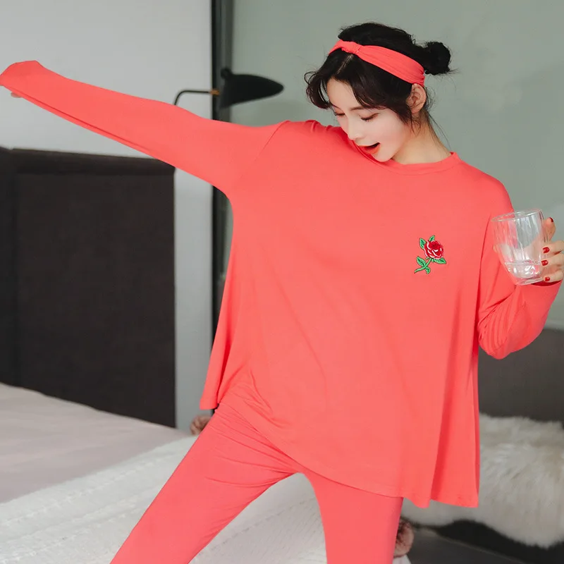 

Modal Pajamas Women's Spring And Autumn New Style-Outer Wear Thin Long-sleeve Suit Korean-style Casual Women's Solid Color Home