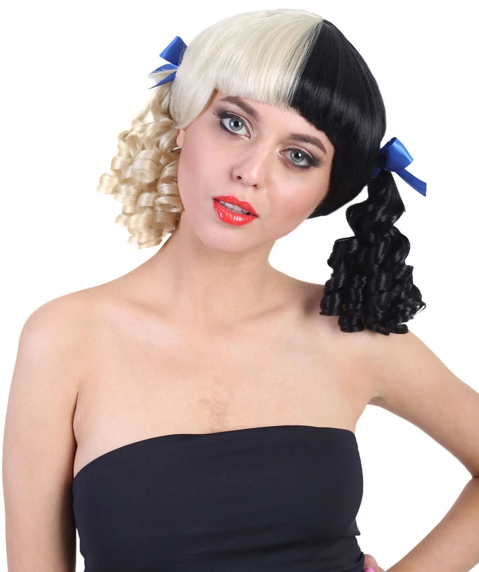 

HPO American Singer Black And Blonde Curly Two Toned Cosplay Wig Bangs Blue Ribbon Adult Celebrity Premium Halloween Party Wigs