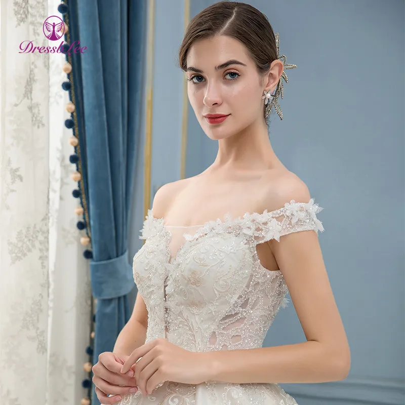 DressbLee Роскошное свадебное платье с длинным шлейфом и кружевом, декольте до плеч и принцесса