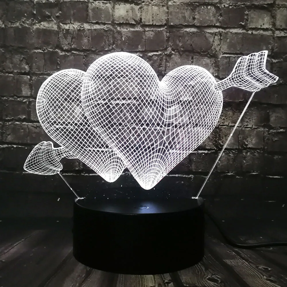 Романтическая любовь Купидон стрела через Двойное сердце 3D светодиодный USB лампа Милая влюбленные Свадебные украшения Красочный ночной светильник подарок