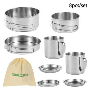 

8PCS Camping Cook Set Barbecue Set Camping Cookware Utensils Outdoor Cooking Teapot Picnic Tableware Kettle Pot Frying Pan