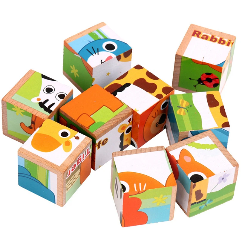Children Wooden Puzzle 9 Pieces Six Sides Jigsaw Boys Girls Early Educational Cartoon Toddler Learning Training Toys Gifts A20