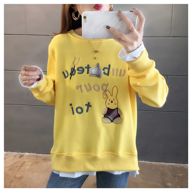 New Autumn Winter Women Sweatshirt Fake Two Piece High Quality Cute Rabbit Embroidery Thicken Pullover Sweatshirt Tops