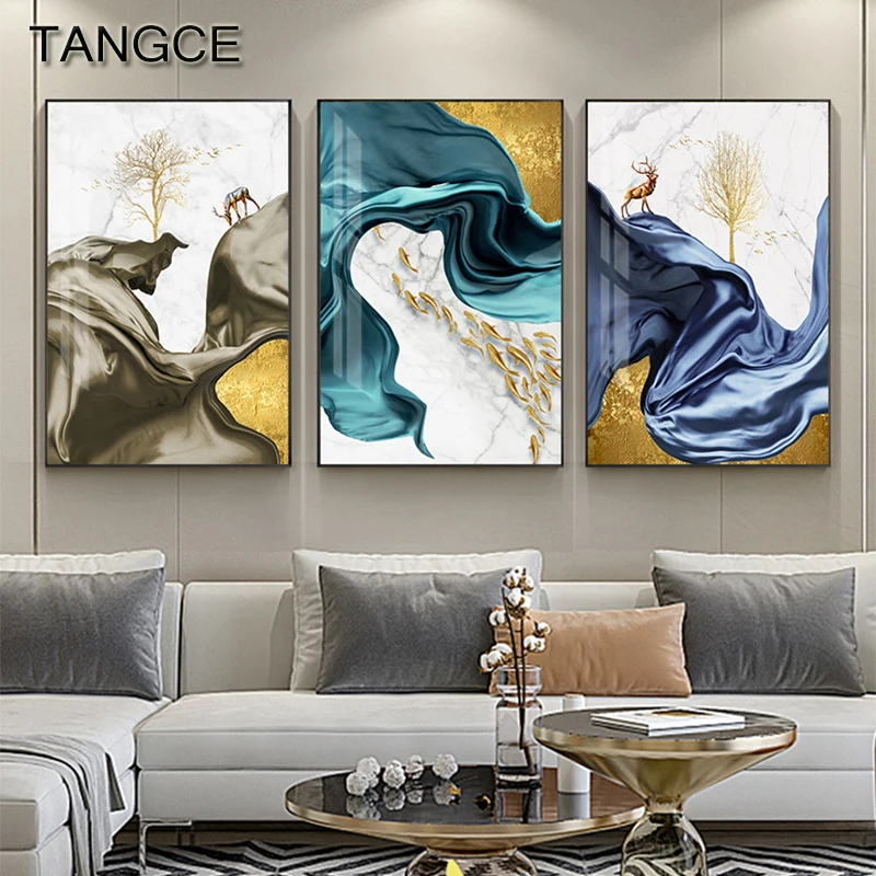 Abstract Blue Silk Deer Canvas Painting Modern Green Poster and Print Purple Tableaux for Living Room Wall Art Picture | Дом и сад