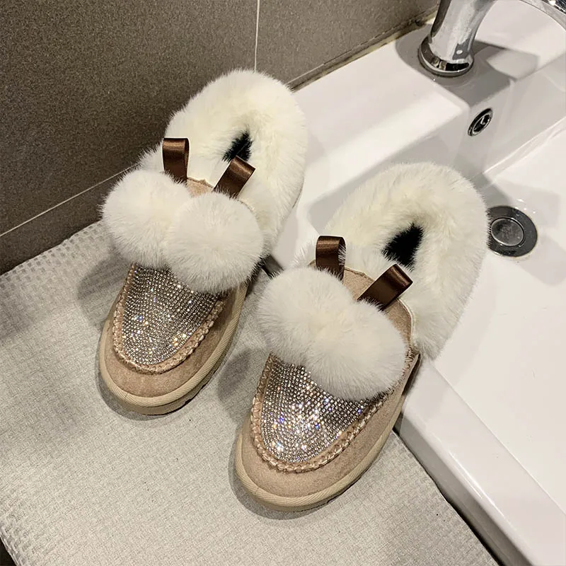 Pink hair ball Winter new warm platform women's shoes with fur Rhinestone round head black flat shoes khaki soft brand design shoes q142 - Цвет: Pink hair ball