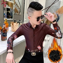 Мода, Мужская одежда, рубашка, Осень-зима, длинный рукав, рубашки для мужчин, толстая, теплая, приталенная, мужская, с цветочным принтом, рубашки, платье 3XL-M