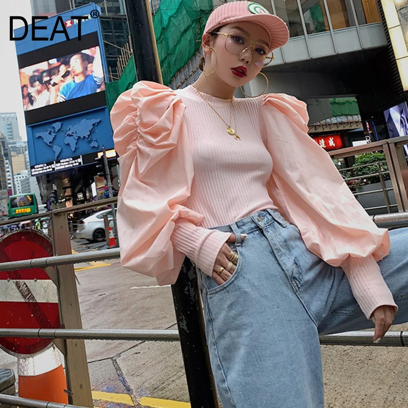 DEAT Leisure Vogue Puff Sleeve Pullover O Neck Women Patchwork Pleated Slim Solid Knitting Sweater 2020 Autumn Winter New TD679 | Женская