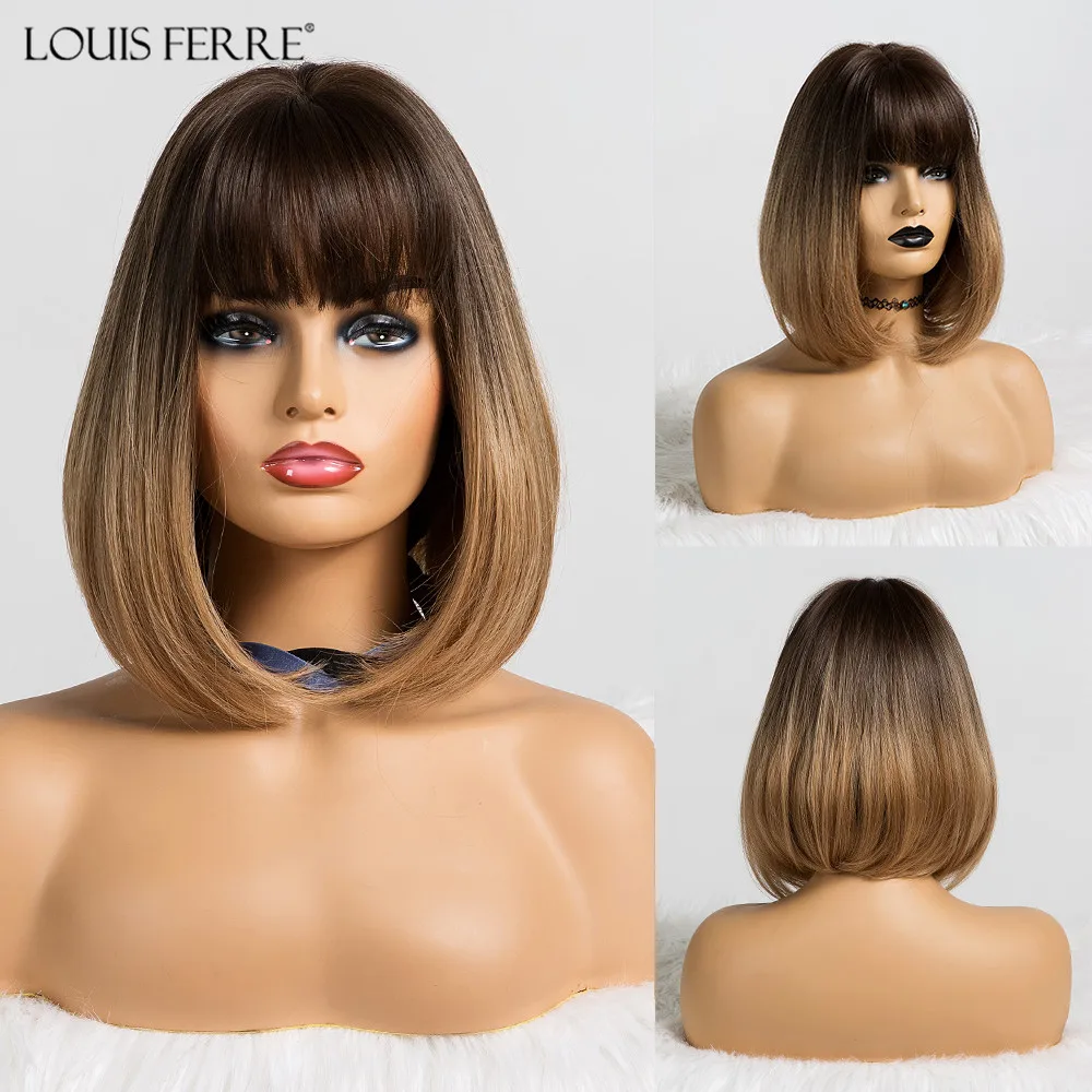 LOUIS FERRE Ombre Brown Honey Short Wigs Bob Style Straight Synthetic with Bangs Lolita Bobo for Black Women Afro | Шиньоны и парики