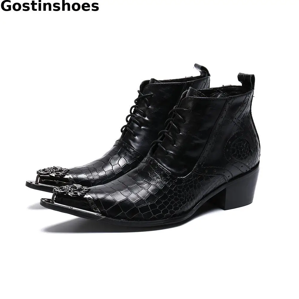 

Korean Style Dress Men Boots Black Genuine Leather Crocodile Pattern Printed Short Ankle Boots Pointed Metal Cap Toe Increased