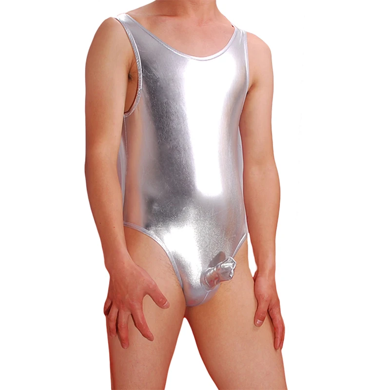 

Sexy Men's Siamese Tight Underwear Suit Bodysuits Men Undershirt Gay shaper men bodysuit Faux leather JJ sleeves