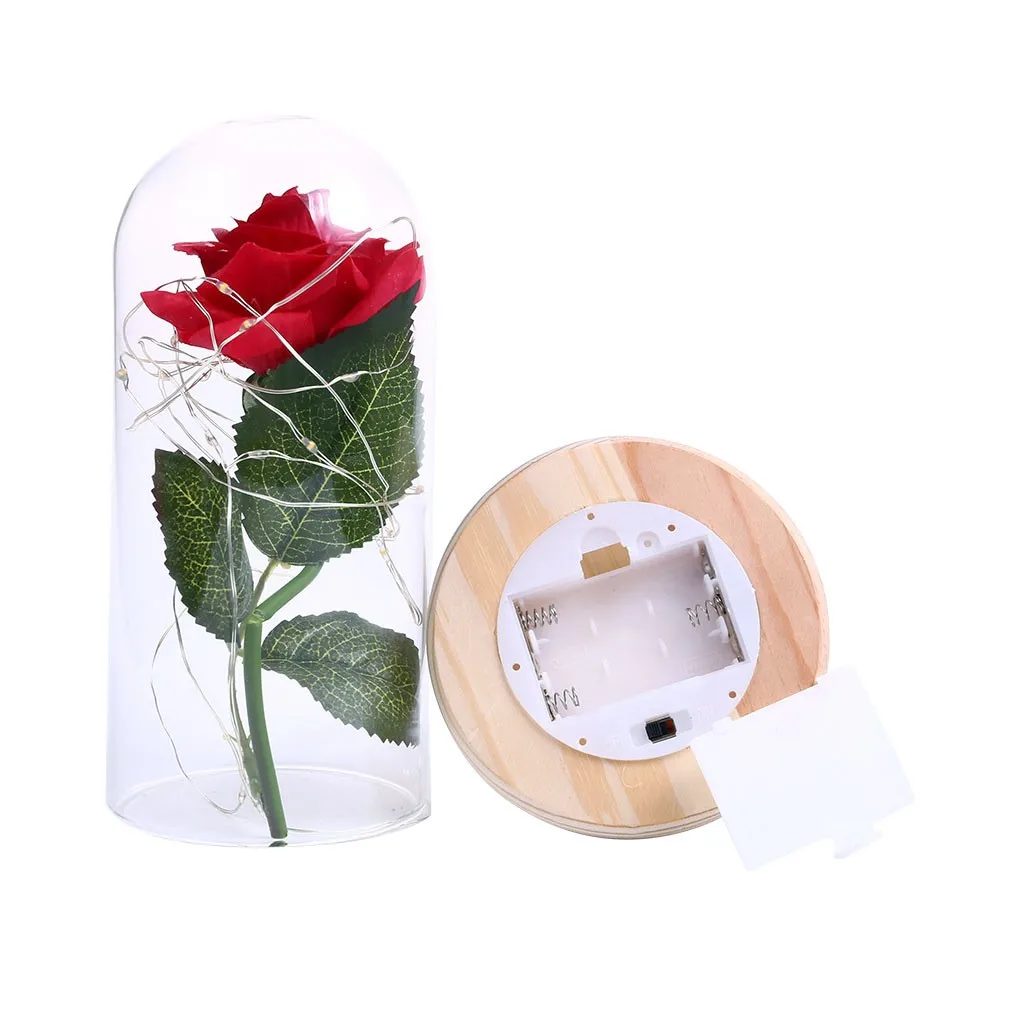 Рождественская Красавица и Чудовище красная роза в стеклянном куполе на деревянной основе для подарков Святого Валентина светодиодный лампы с розами Рождественский светильник