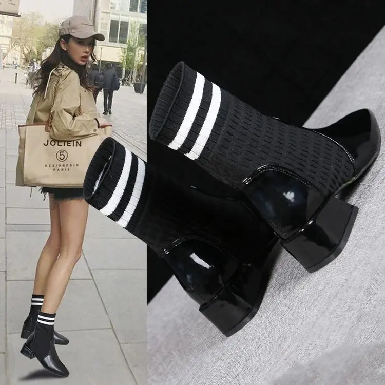 

2019 Autumn & Winter New Style INS Online Celebrity Thin Boots Stretch Boots Women's Crew Socks Boots Semi-high Heeled Chunky-He