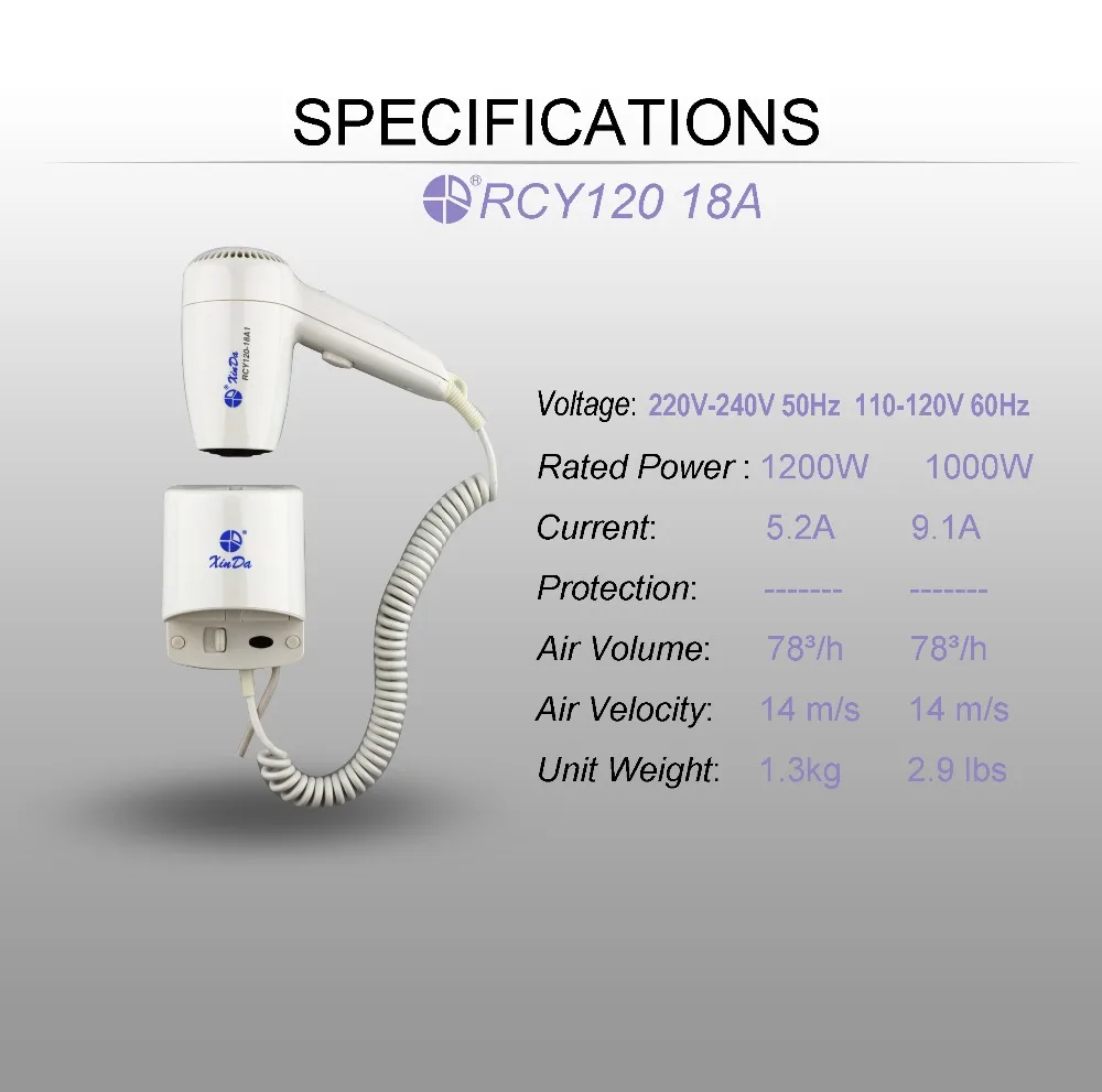 XINDA RCY-120 18A фен для дома и отеля удобное крепление основание с выключателем безопасности ABS белый