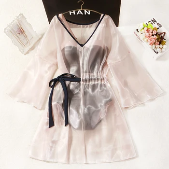 

2020 New South Korean ins fairy model sexy dream belly cover up slim long sleeve sunscreen cover up split swimsuit woman