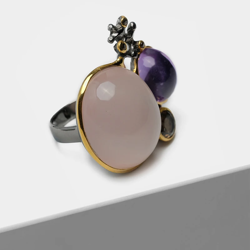 

Local focal Vintage Silver inlaid semi-precious stone Pink SPAR hoelite Rings