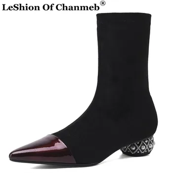 

Big Plus Size 43 Stretch Ankle Boots Women Point Toe Pearls Crystal Short Boots Woman Small Size 33 Slip ons Autumn Winter Shoes