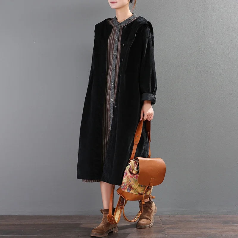 

Origional Artistic Retro Large Size Loose-Fit Hooded Solid Color Corduroy Trench Coat Women's Mid-length Corduroy Overcoat