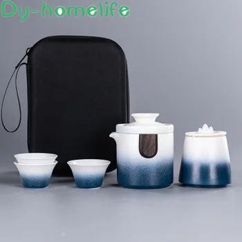 

Japanese Style Pottery Quick Guest Cup One Pot Three Cups Gradient Color Ceramic Travel Tea Set Tea Pot Outdoor Tea Maker