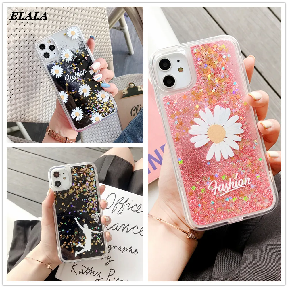 

Dynamic Liquid Quicksand Phone Case for iPhone 11 Pro Max XS XR X 6 7 8 Plus SE2 Flower Glitter Hard Cover Clear Colorful Coque
