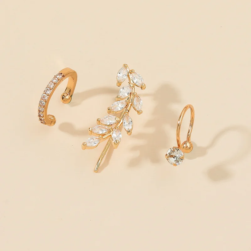 2021 New Ear Clip Bohemian Gold Color Ear Cuffs Zircon Leaf Clip Earrings For Women Climbers Stud Earring Fashion Accessories