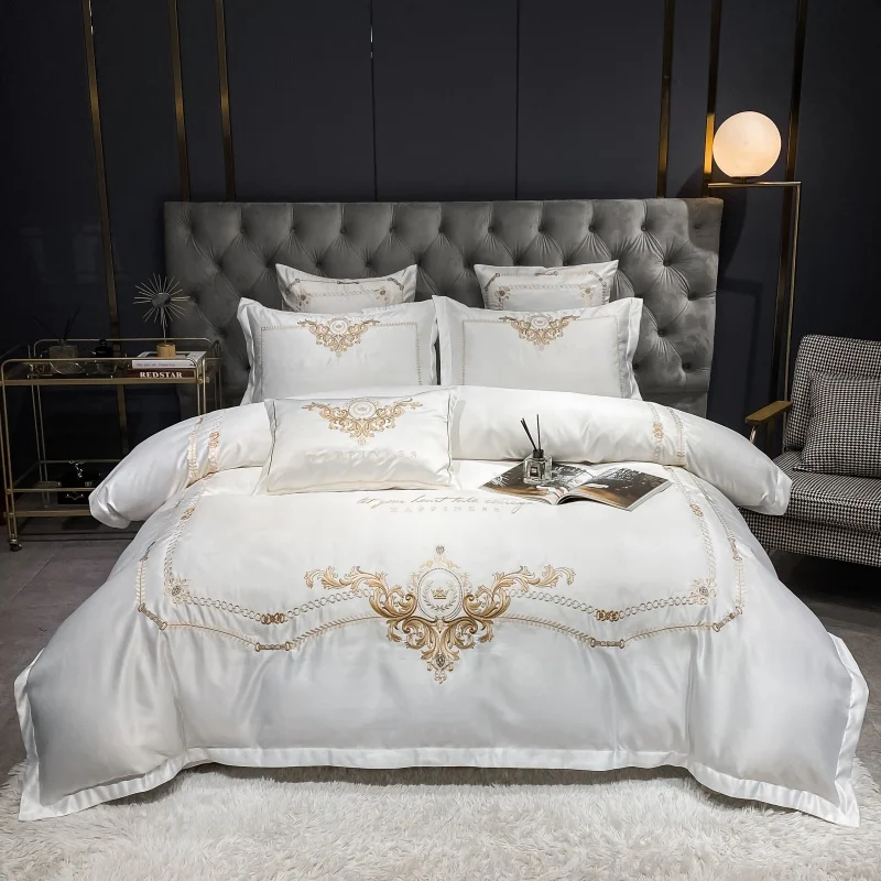 White Satin Washed Silk/Cotton Bedding Set Luxury Palace Gold Embroidery Duvet Cover Flat/Fitted Sheet Pillowcases Home Textiles | Дом и сад
