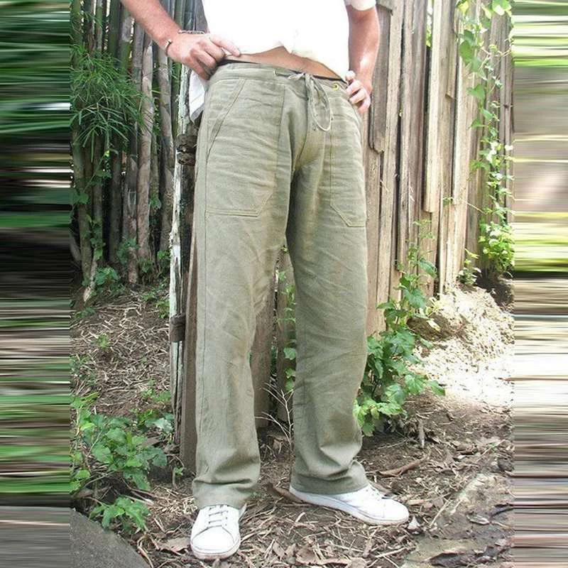 

Thin Style Pure Cotton Pants Men Summer Elastic Waist Pockets Drawstring Straight Loose Pants Solid Color Breathable Trousers