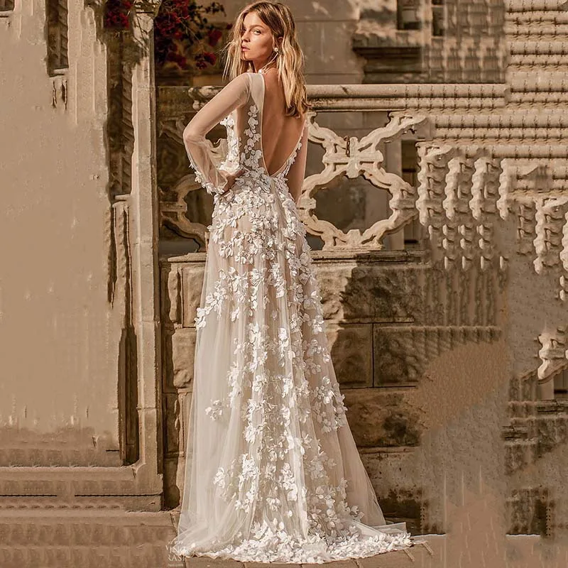 Eightree/свадебное платье, с длинными рукавами, свадебное платье с открытой спиной, платье из тюля с v-образным вырезом, платье трапециевидной формы для невесты vestido de Noiva