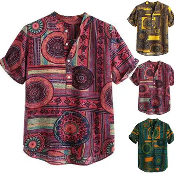 

New Summer Men Color Block Ethnic Geometry Half Cardigan Top Print Short Sleeve Buttons Loose Oversized Pullover Shirt