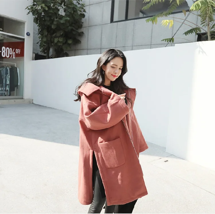 Южная Корея Dongdaemun осень и зима с капюшоном Дафлкот пальто женское выше колена с разрезом повседневное Свободное длинное пальто Тренч пальто La