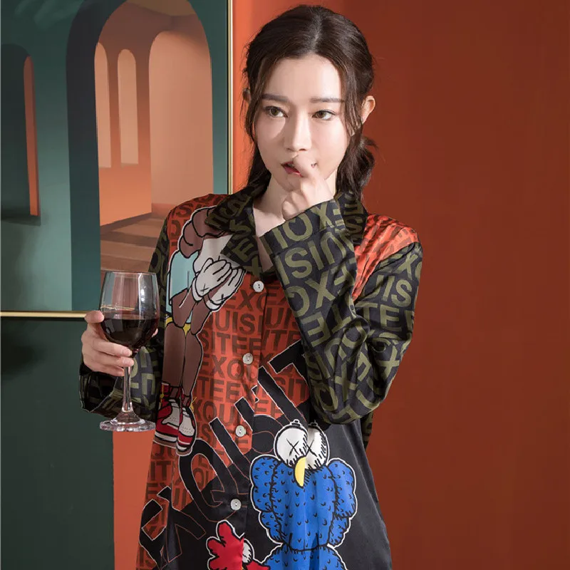 

Fiklyc Women Spring Thin Section Ice Silk Loose Printed Large Size Cartoon Long Sleeve Trousers Cardigan Two-Piece Home