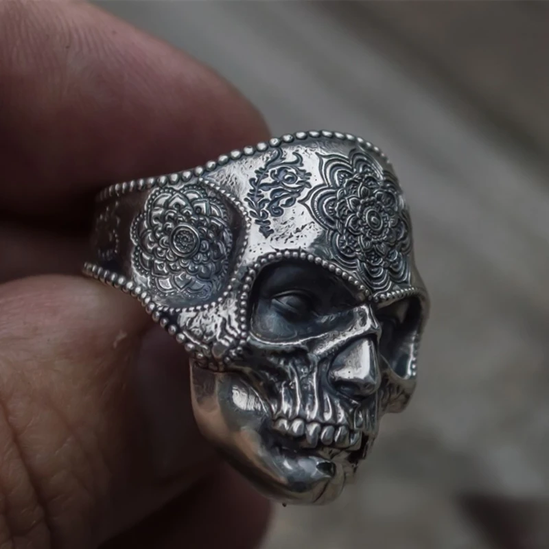 Mexican Flower Sugar Skull Rings Heavy Gothic Mandala Skull 316L Stainless Steel Biker Ring Punk Jewelry