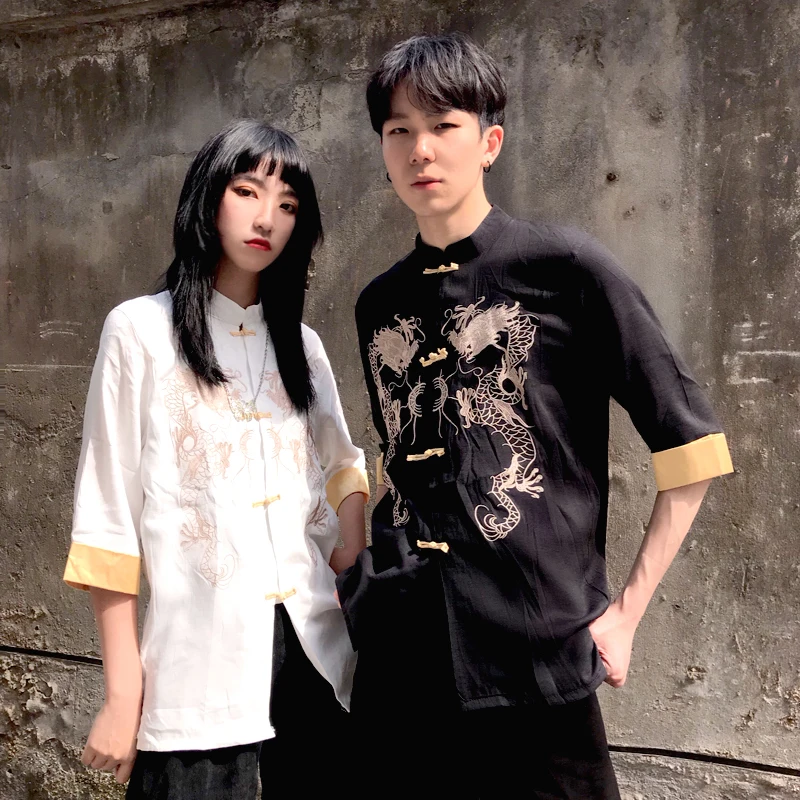 Lychee Harajuku пряжка с длинным рукавом Лоскутная Осенняя женская блузка Дракон женская блузка с вышивкой отложной воротник женская рубашка