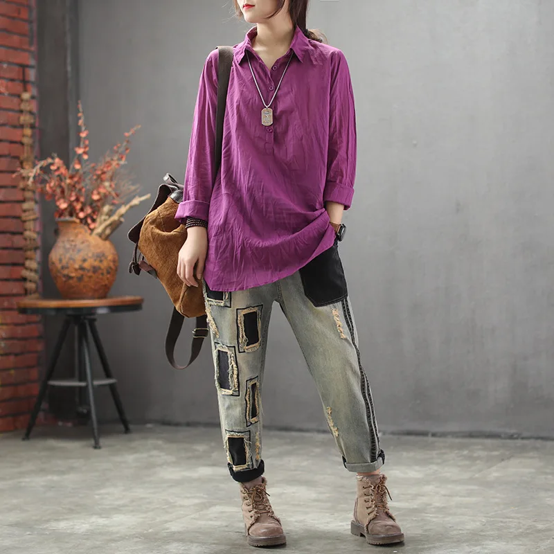 

XUXI Autumn 2020 Women Vintage Cowboy Harem Pants Fashion High Waist Hair Side Casual Patch Full Length Cotton Trousers FZ2580