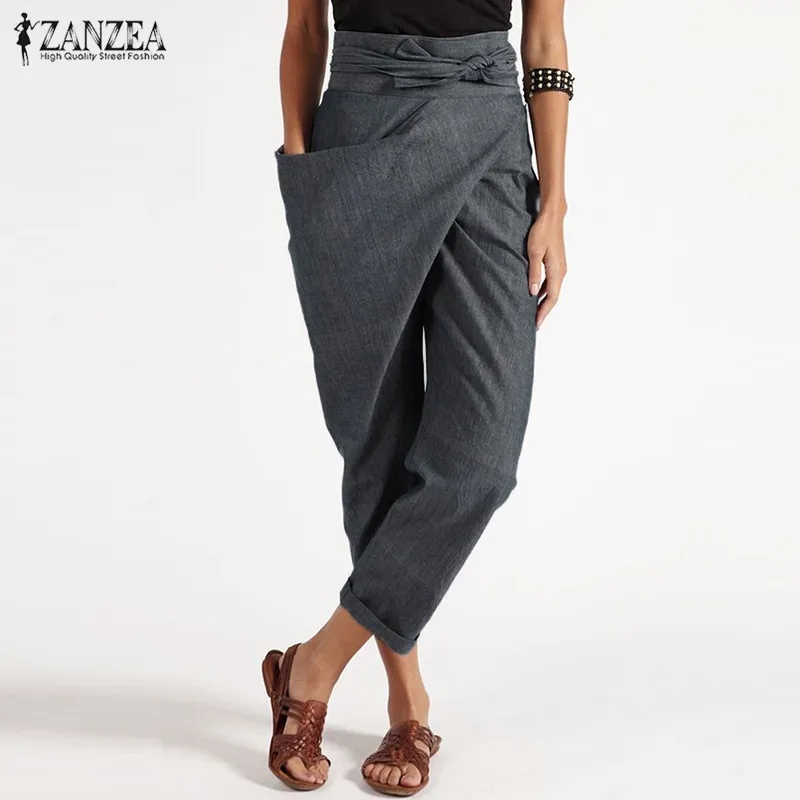

Oversized Women's Harem Pants 2023 ZANZEA Elegant Pantalon Casual Long Palazzo Fashion Big Pockets Side Zipper Cropped Trousers