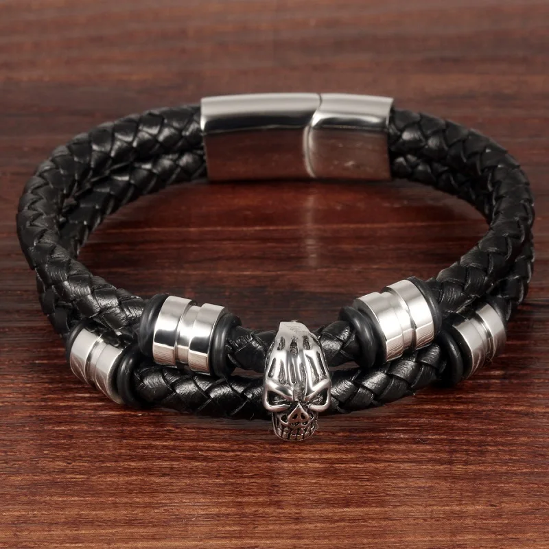 Charm Skull Bracelets & Bangles Men Stainless Steel Double Layer Black Leather Chain Punk Fashion Jewelry PS2099