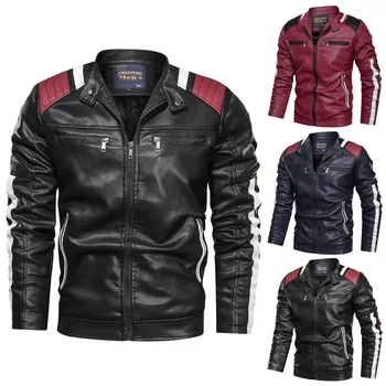 

Men's Autumn Winter Vintage Zipper Stand Collar Solid Imitation Leather Coatstranger things hoodies pokemon tactical