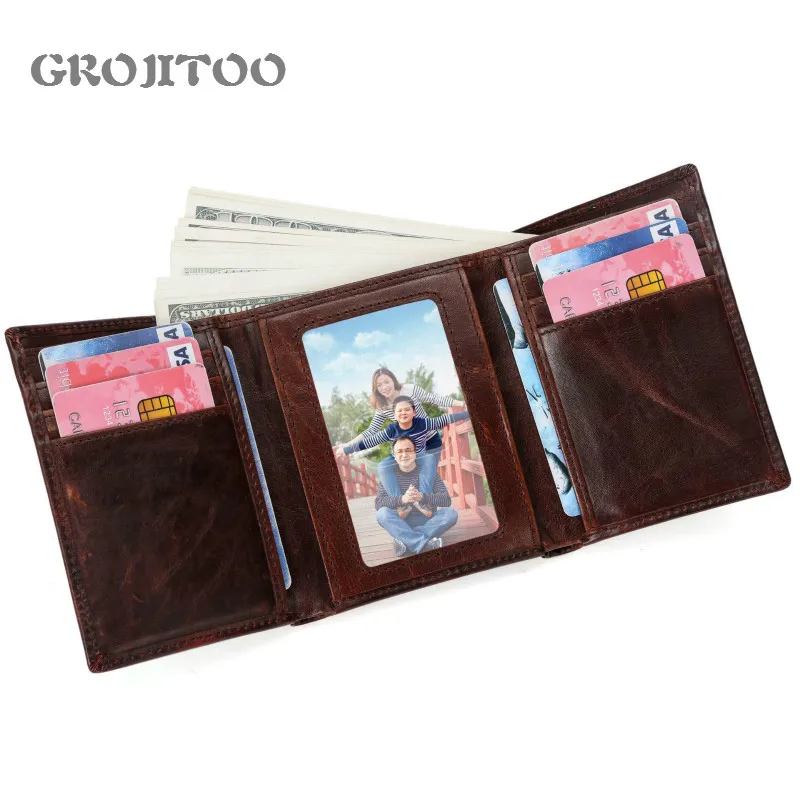 

GROJITOO Genuine Lather Man Purse Trifold Wallet Man Crazy Horse Oil Wax Leather Wallet Card Bag Vintage Large Capacity Purse