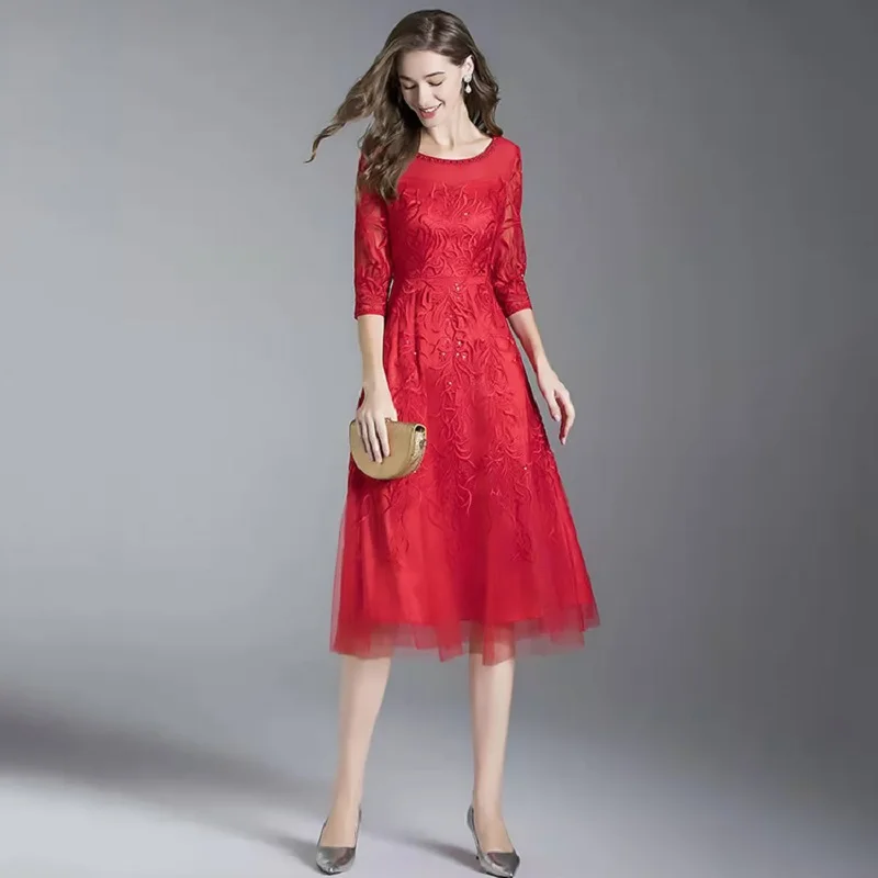

4XL Dresses Vestidos De Fiesta 2022 Spring Summer Wedding Party Women Allover Luxurious Embroidery 3/4 Sleeve Pink Red Dress