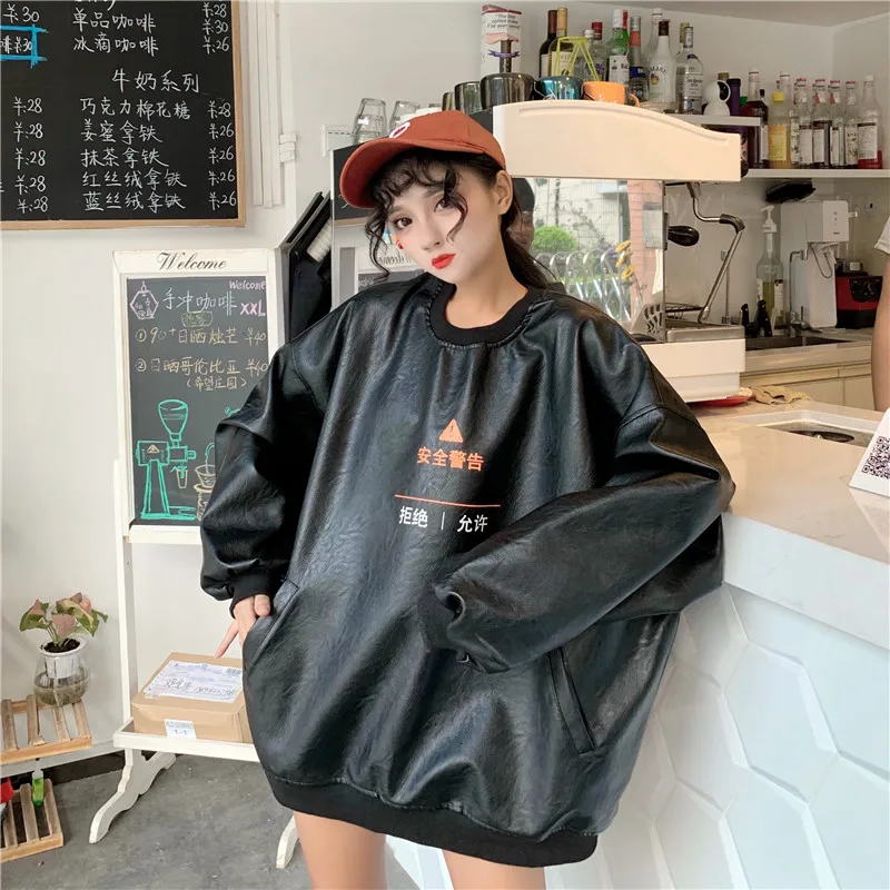 2619 Price plus 5 Autumn And Winter WOMEN'S Dress New Style Loose And Plus-sized Long Sleeve Crew Neck Leather Coat Women's Fash