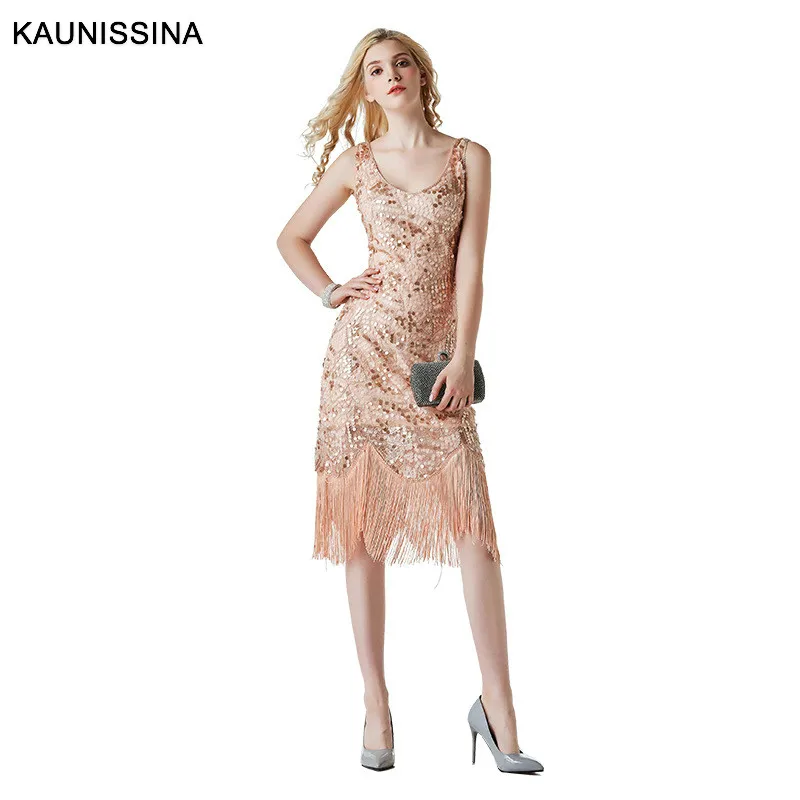 

KAUNISSINA Sexy Cocktail Dress Tassel Sequined Party Gown Sleeveless V-neck Women Midi Length Cocktail Dresses
