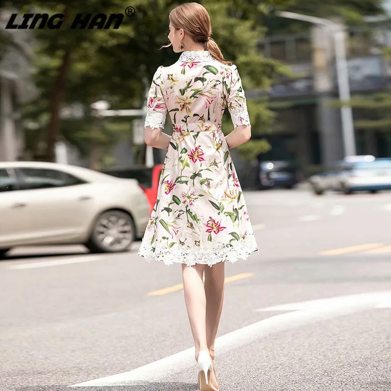 LINGHAN Runway дизайнерское летнее платье миди женское с коротким рукавом на заказ lily Кнопка цветочный принт кружевное элегантное платье vestdios