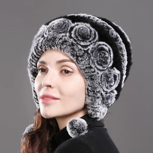 gray and black Новые зимние женские натуральные шапки из меха кролика рекс ручной вязки Настоящий мех кролика шапки Настоящий мех кролика Skullies Beanies Hat - Цвет: gray and black