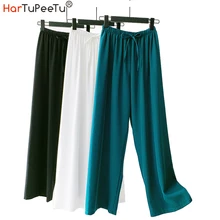 Casual Long High Waist Pants Women Plus Size Loose Wide Leg Cool Trousers with Lace-up Summer Thin 2020 Drape Down 3 Colours