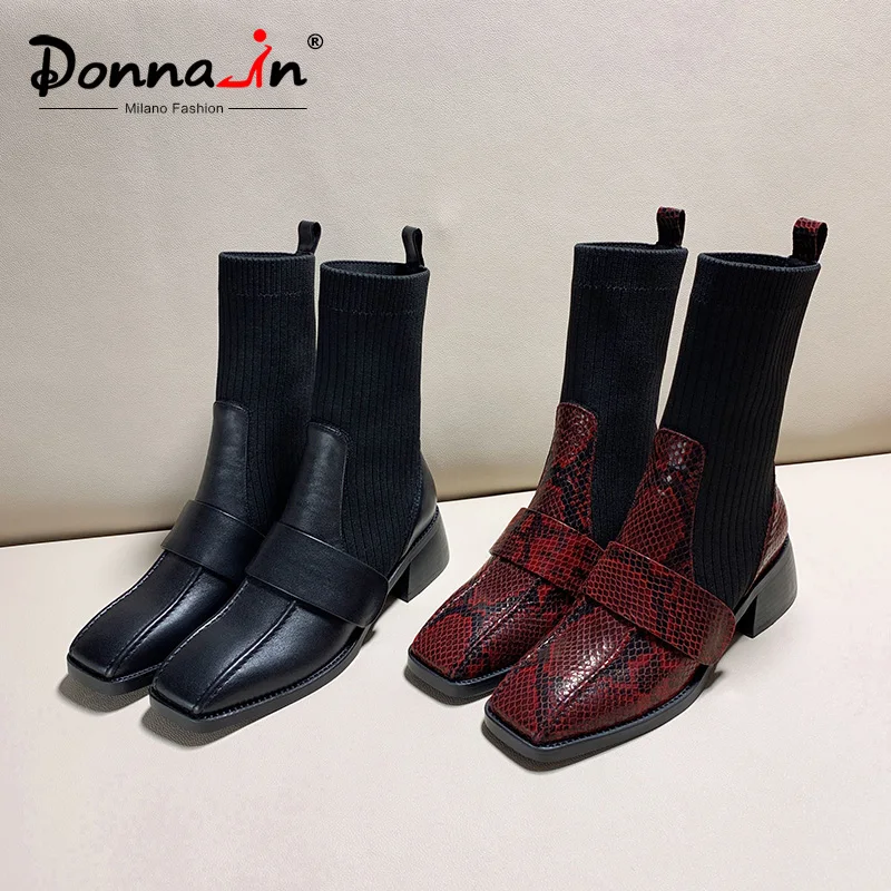 

Donna-in Knitting Stretch Sock Boots Woman Mid Heels Square Toe Snake Prints Genuine Leather Mid Calf Boots Women 2020 Winter