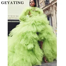 Лимонно-зеленый фатиновый, с длинной и короткой частью платье для выпускного вечера с длинными рукавами Многоуровневое платье со шлейфом, женские вечерние платья с высоким воротом