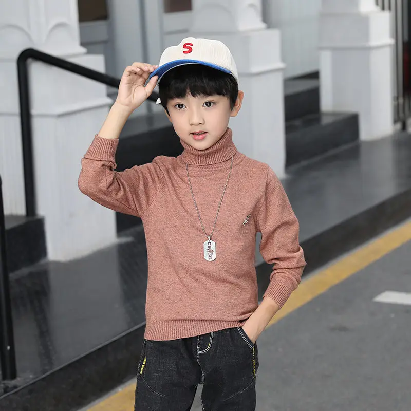 Осень зима 2019 детские вязаные пуловеры с высоким воротником для мальчиков