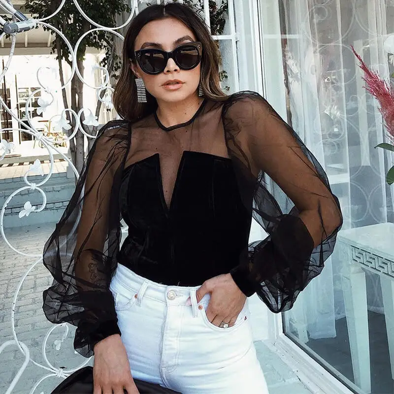 

Women's mesh splicing sleeve top suede V-neck sexy perspective wild Slim bubble sleeve bottoming shirt