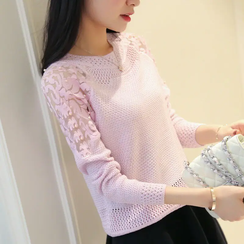 

2020 new thin hollow knitted sweater Lace Mesh beaded round neck sweater pullover spring and autumn style sweater