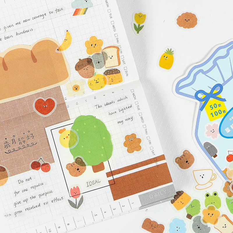 러블리 데이 장식 스티커, 와시 DIY 스크랩북 스틱 라벨, 일기 문구 플레이크 앨범 스티커, 팩당 100 개